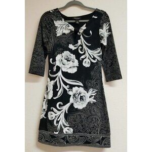 White House Black Market Sz XS Black Floral Print Keyhole Bow Slinky Shift Dress